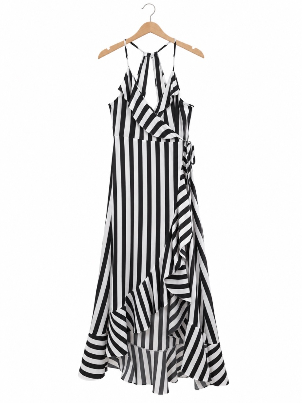 Flying Tomato Black White Striped High Low Ruffle Maxi Wrap Dress Size Small